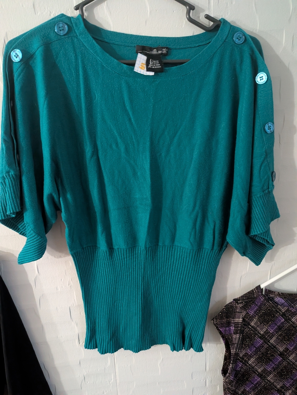 Willi Smith Teal Button-Trim Ribbed Waist Knit Top